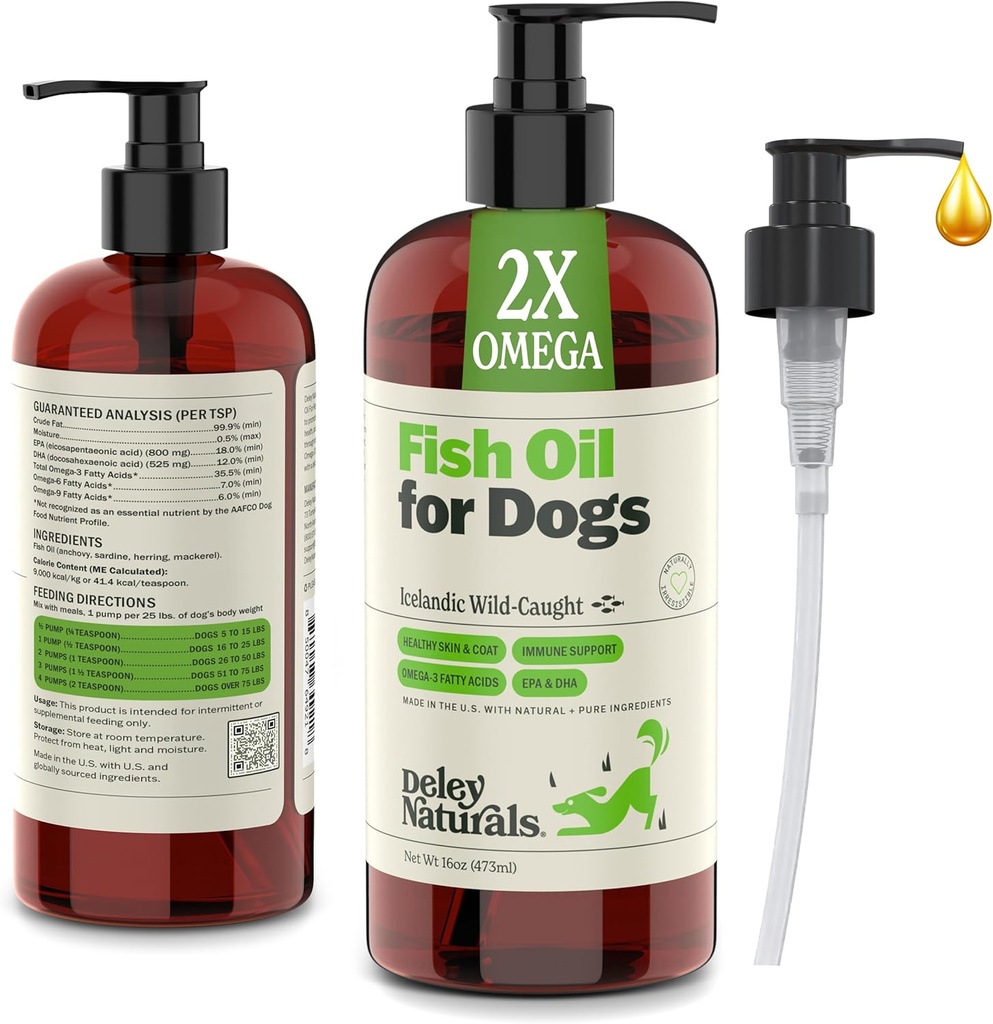 Deley Naturals Dog Fish Oil islantilainen 2X Omega - koiran kutina ihon Relief Omega 3 6 9 allergies, takki & sydän - Omega 3 Fish Oil for Dogs ihon ärsytystä - 16oz Omega Oil koirille valmistettu USA