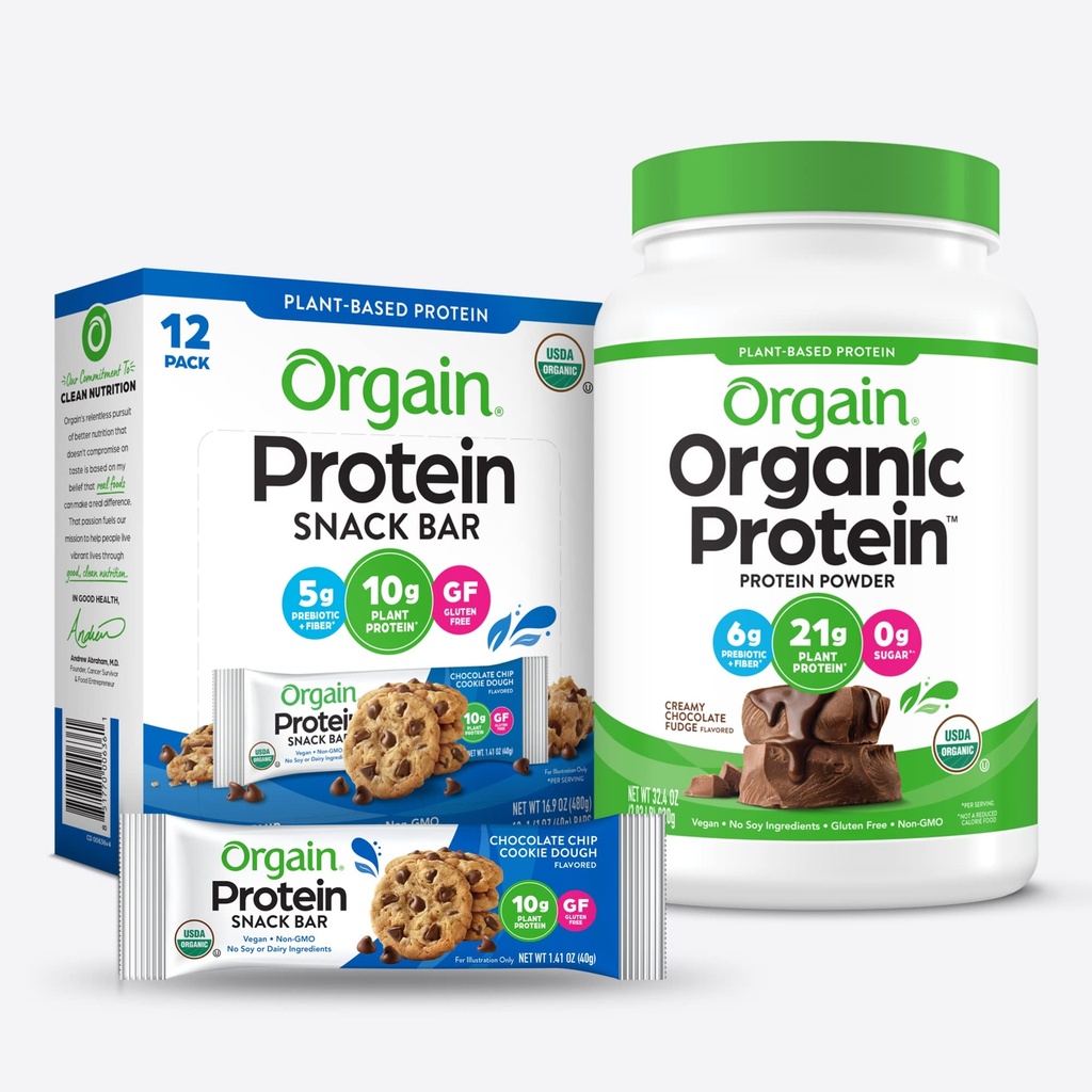 Orgain Organic Vegan Protein Powder och Protein Bars Bundle (2.03lb + 12 greve)