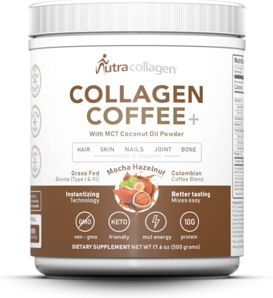 NUTRACOLLAGEN Peptide Powder Premium Columbian Coffee; Grass-Fed; Keto Friendly, MCT Coconut Oil Powder, Soy Free, Gluteeniton, Sokeriton, 40 mg kofeiini/SVG; Mocha Hazelnut 25 Tarjoilut