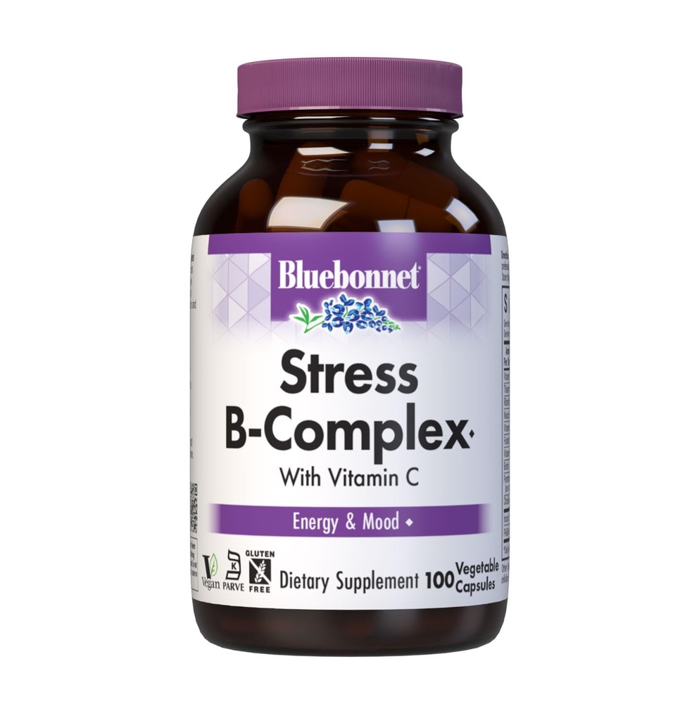 Bluebonnet Nutrition Stress Relief B Complex Vihanneskapselit, B6-vitamiini, B12, Biotiini, Folaatti, Vegaani, Gluteeniton ja soijaton, Kosher, makua sisältämätön, 100
