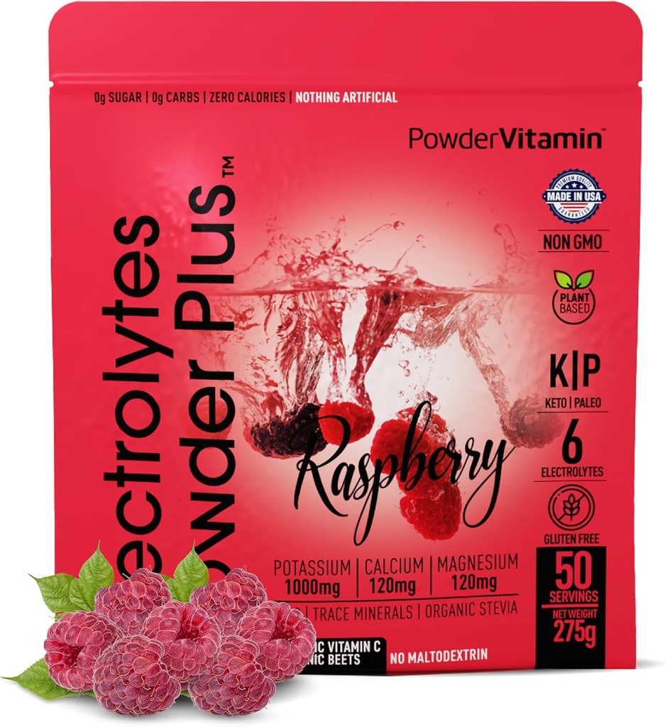 PowderVitamin Elektrolytes Powder Plus (50 tarjoilua) Vadelma Elektrolyytti Powder Zero Calorie Keto, 0 Sokeri, Ei Maltodekstriini, 1000 mg Kalium,120 mg Kalsium, 120 mg Magnesium, nesteytysjauhe