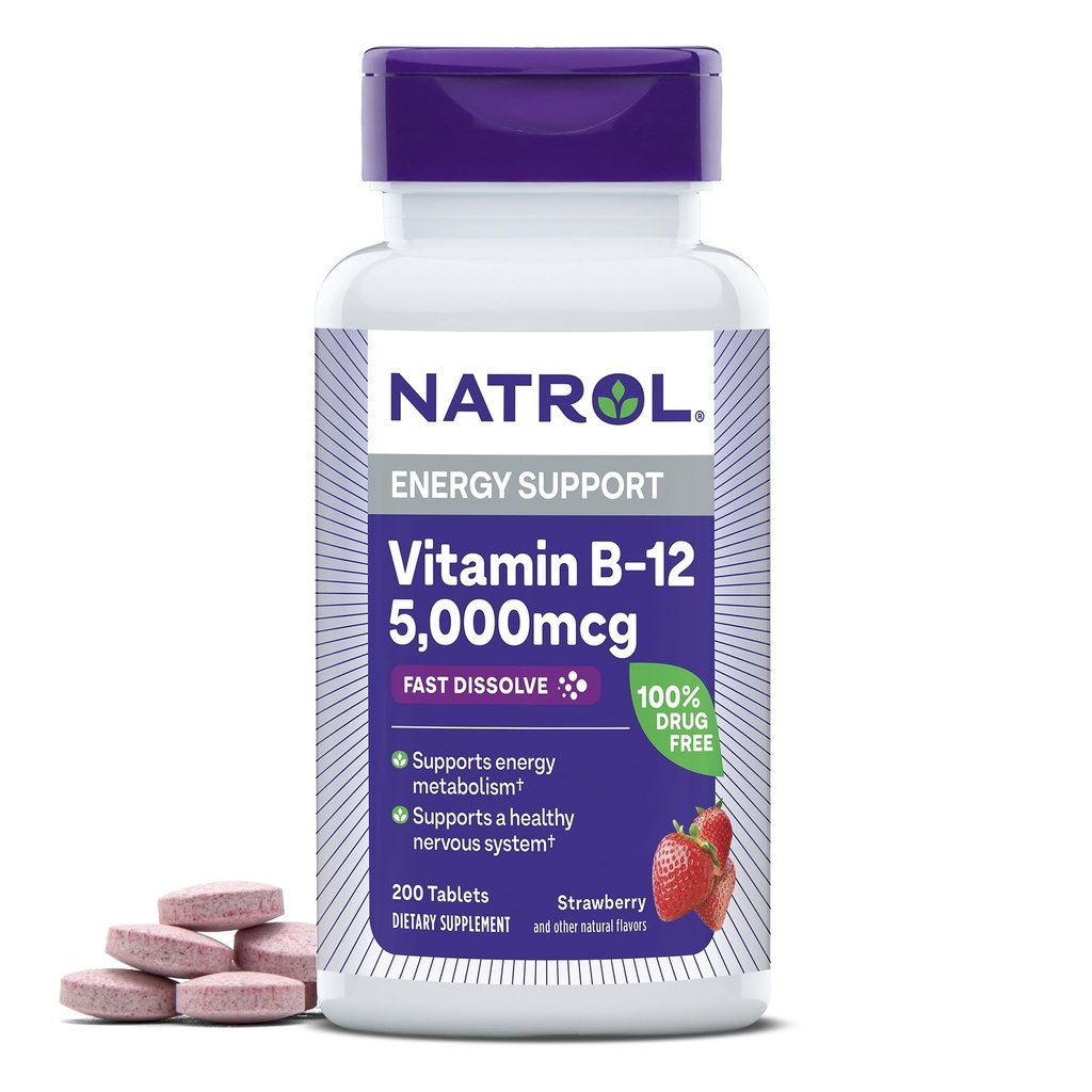 Natroli B12 5 000 mikrog, nopeasti liuotettu B12-vitamiini täydentää tukee tervettä hermostoa ja energian aineenvaihduntaa, 200 tablettia, jopa 200 päivän ajan