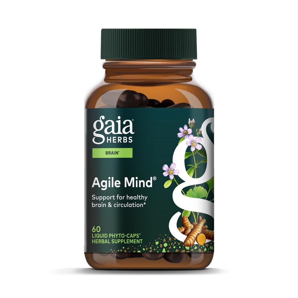 Gaia Herbs Agile Mind - Brain & Cognitive Support Herbal Lisäravinteet - Luomukurkuma juuri, Bacopa, Black Pepper, ja Ginkgo Biloba - 60 Vegan Liquid Phyto-Capsules (30 päivän toimitus)