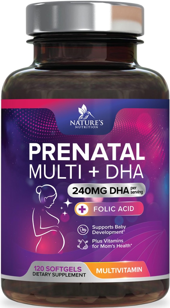 Prenataali vitamiinit Foolihappoa ja DHA, Fetal Brain Development Support Folate & Omega 3: n, Prenataali monivitamiinia naisille, A-vitamiini, C, D, B6, B12 & rauta, Raskaus täydennysosa - 120 Softgels