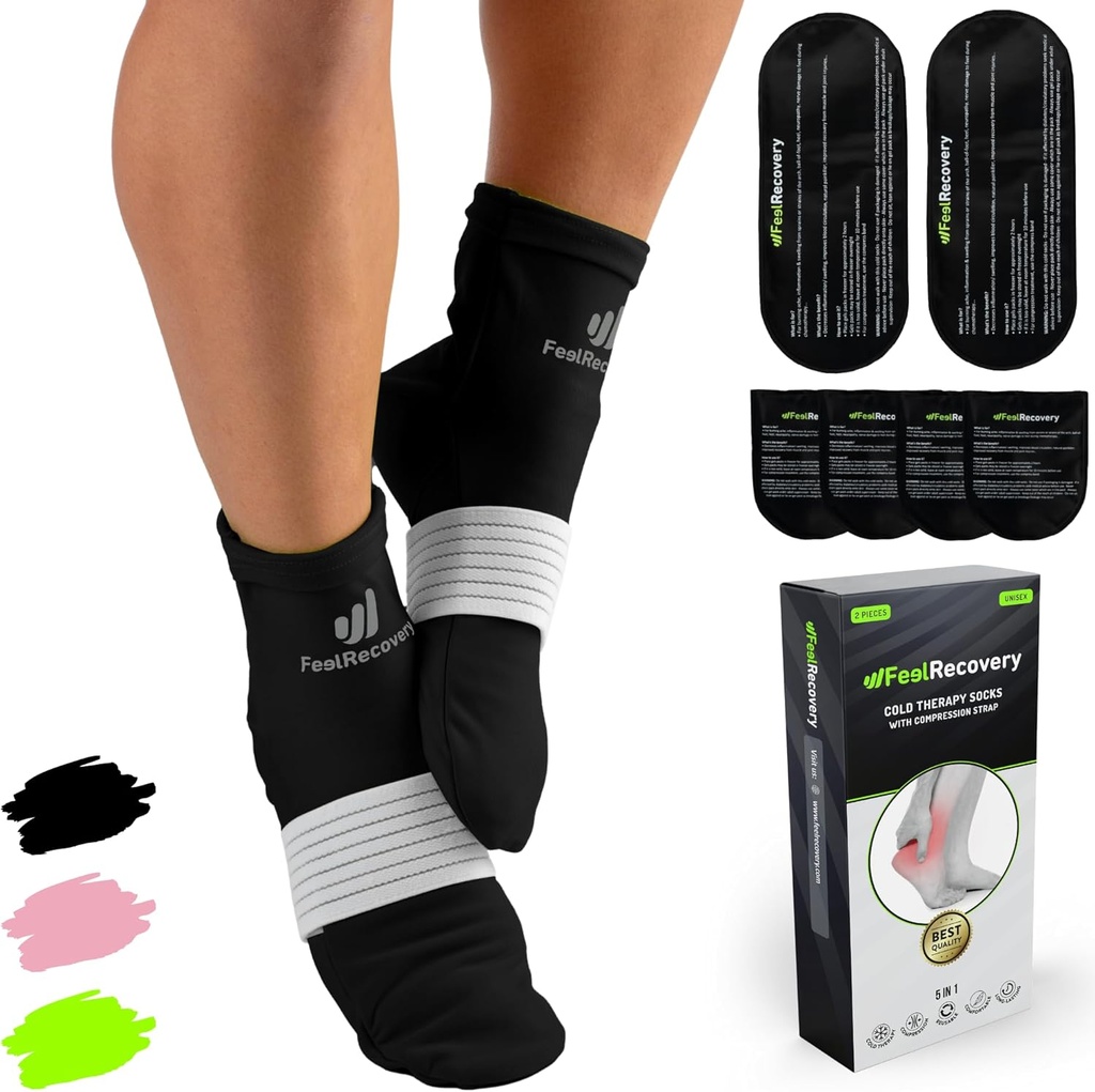 Ice Pack Socks for Feet Coolers - Återanvändbar Hot & Cold Therapy Socks w / Compression Straps - Cold Gel Pack för Neuropathy, Foot Pain, Plantar Fasciitis & Sprains (Black, L / XL)