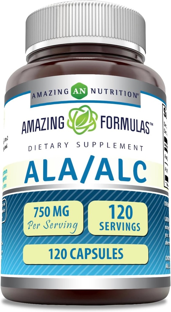 Amazing Formula ALA/ALC (Alpha Lipoic Acid/Asetyl L-karnitiini) Supplement ... 750 Mg Per Serving ... kapselit ei-GMO ...
