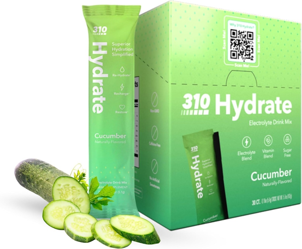 310 Ravitsemussokeria ilmaiseksi Elektrolyyttejä Powder - Instant Hydration Packets Daily Fluid Balance - Kofeiiniton nesteytys Drink Mix W/ Vitamiinit, Low Calorie & Keto Friendly - Kurkku 30 Singles