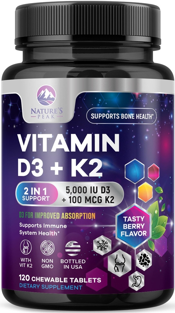 D3-vitamiinia K2 - 5000 iu D3-vitamiinia ja 100 mikrog K2-vitamiinia (MK-7) Kompleksi immuunitukea - Bone, hampaiden ja lihasten terveys tuki - Berry Chewable, Gluteeniton, ei-GMO, pullotettu USA - 120 tablettia