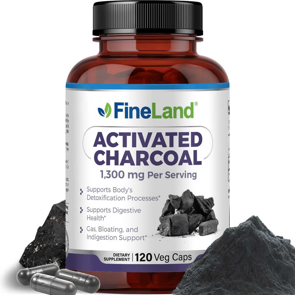 FineLand Aktivoitu Charcoal 1300mg - Advanced digestiivinen detox Cleanse, auttaa kaasua ja turvotusta, verenkiertoa ja kolesterolia tuki - valmistettu Yhdysvalloissa, 120 Vegaani pillereitä