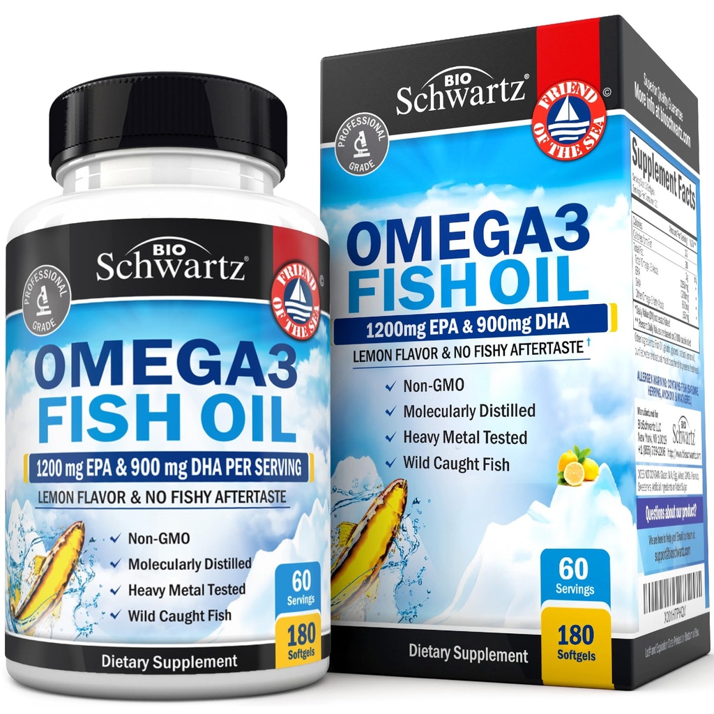 Triple Strength Omega 3 Fish Oil Supplement - 2250mg EPA DHA Omega 3 rasvahapot tuore Wild Chunt Fish, Burpless Lemon Flavor Formula tukee silmien terveyttä ja enemmän, Gluteeniton, 180 Softgels