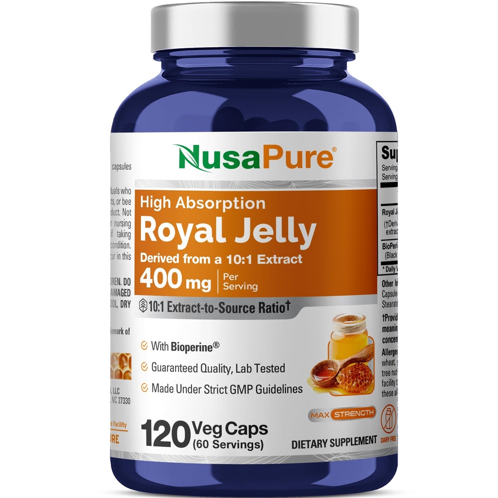 NusaPure Royal Jelly 10:1 Extract, 400 mg Ekvivalenttinen 4000 mg - 120 kasviskapseli (ei-GMO, gluteeniton, Bioperine)