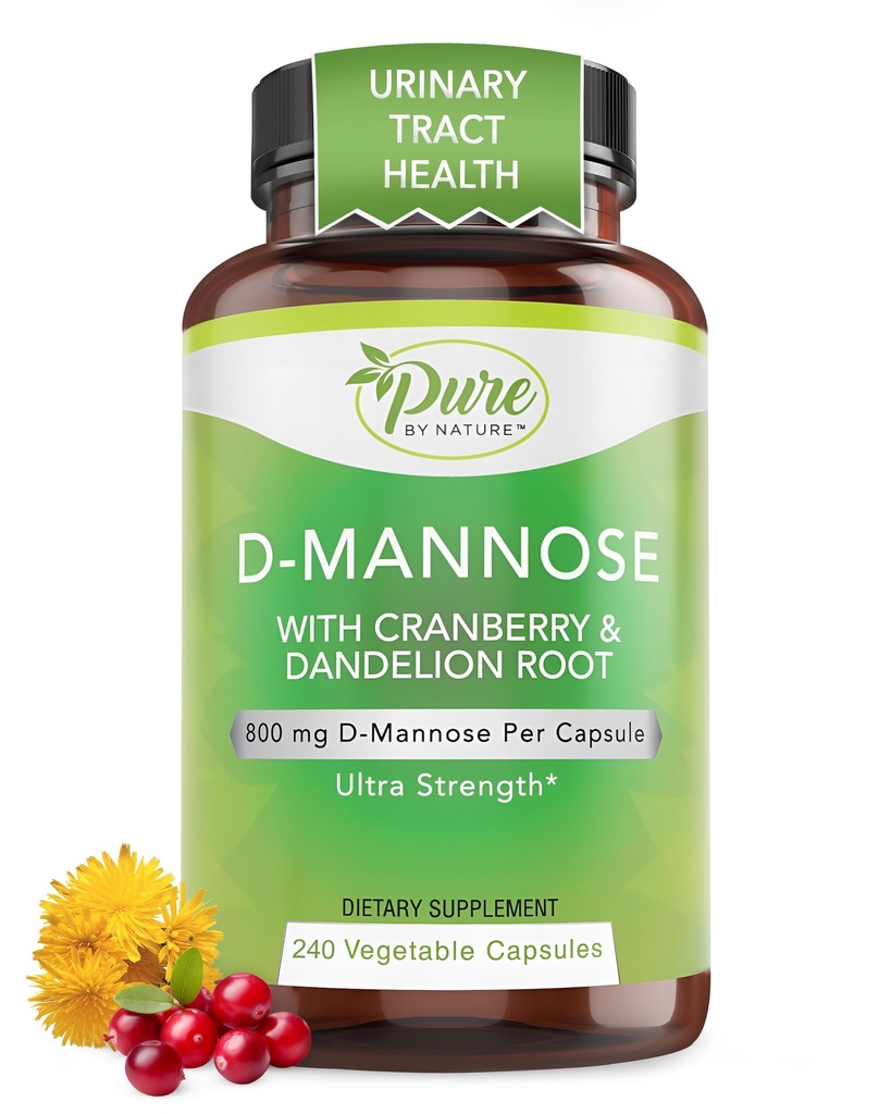 Pure by Nature 600 mg D- Mannose Vegan -kapselit, joissa on karpalo- ja voikukkauute, virtsateiden terveystuki, flush epäpuhtaudet, detox-keho, 240