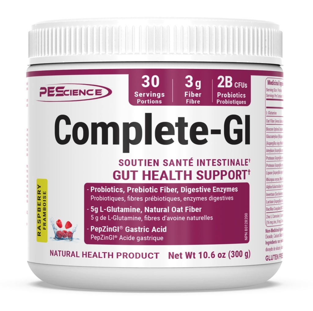 PEScience Complete-GI Gut Health Powder, Probiootit naisille ja miehille, Ruoansulatuskanavan entsyymit, prebioottikuitu, L Glutamiini, Pepzin GI Sinkkikarnosiini, vadelmama maku, 30 tarjoilua