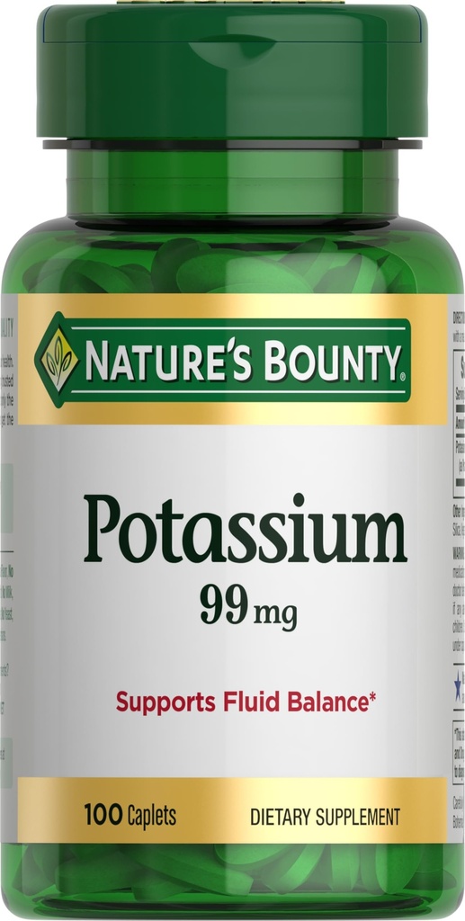 Nature's Bounty Kalium 99mg, tukee nestetasapainoa ja lihasten toimintaa, mukana normaali sydämen toiminta, kaliumglukonaatti ravintolisä, gluteeniton, 1 per päivä, 100 kasvisruoka Caplets