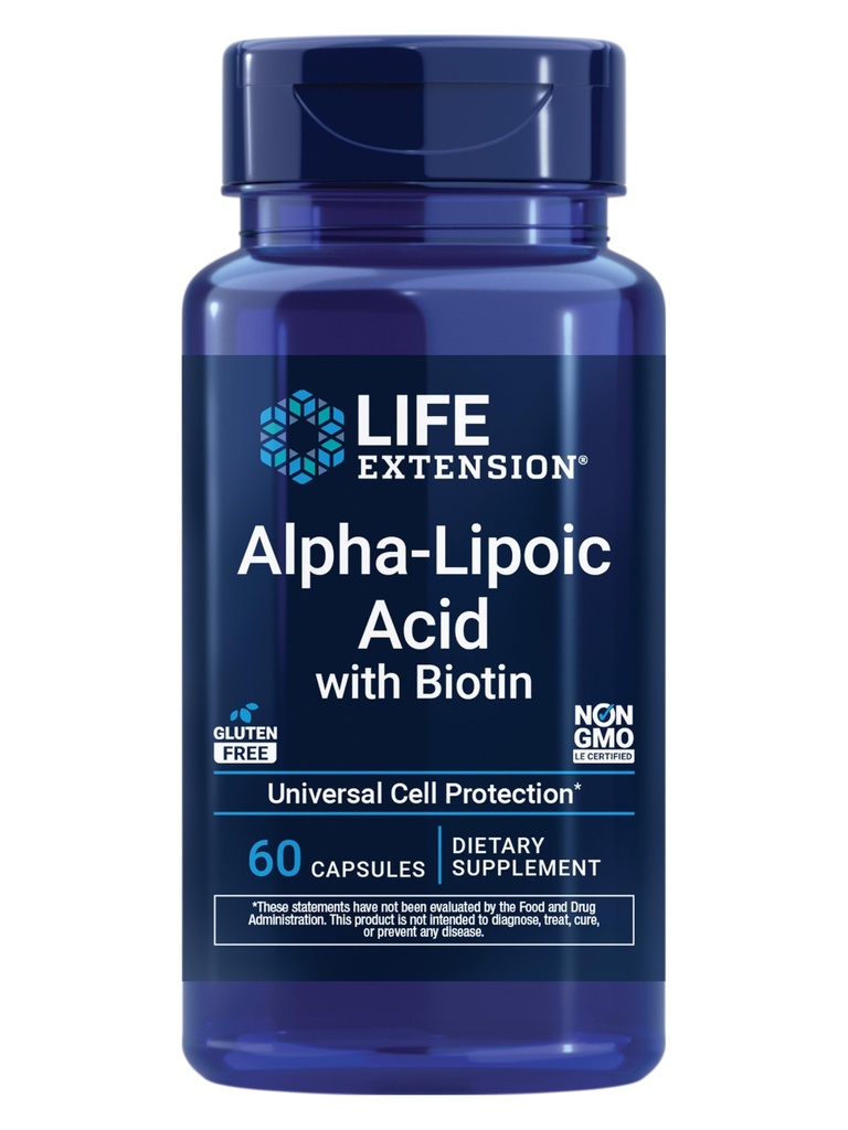 Life Extension Alpha-lipoic Acid with Biotin, for Cell Protection, Universal antioxidantti Liver & Nerve Health, Gluteeniton, ei-GMO, 60 kapselia