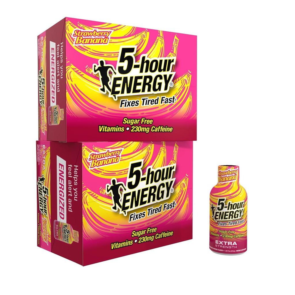 5-timmars ENERGY Extra Strength Energy Shot, Strawberry Banana Flavor (1.93 oz., 24 Count) Sugar-Free & Zero Calories, B-Vitaminer & Aminosyror, 230mg Koffeinerad Energi Shot, Kosttillskott