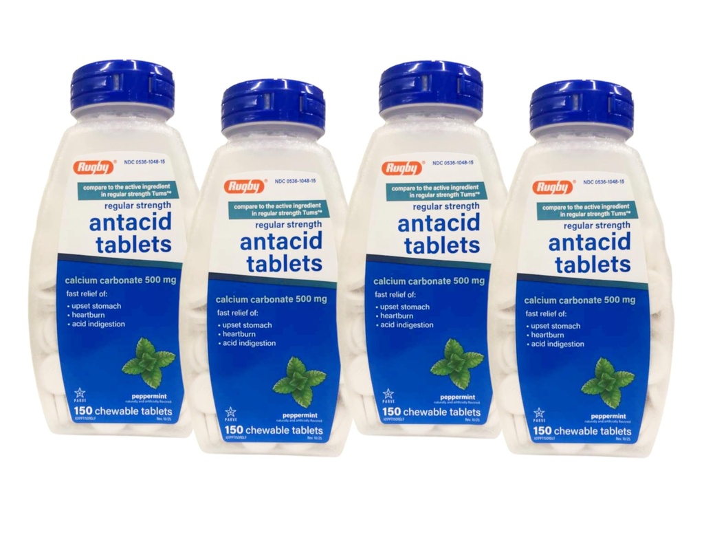 Rugby kalsiumkarbonaatti 500 mg Antasidit tabletit Piparminttu, Säännöllinen Strengh, 150 purutablettia - 4 pakkaus
