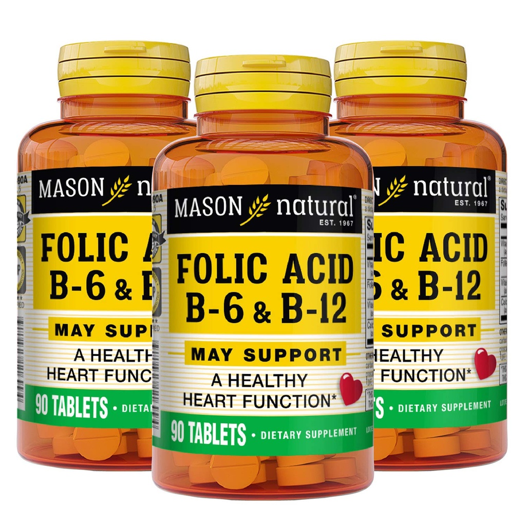 MASON NATURAL Heart Formula B6/B12/Folic Acid Tabletit, Ruokavalio täydentää tukee sydän- ja verisuonitauti, Red Blood Cell Formation, Metabolic Function, 90 Count (Pack of 3)