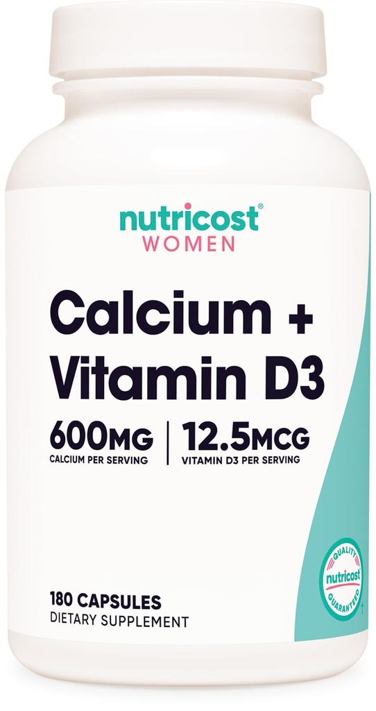 Nutricost Kalsium (600 mg) + D3-vitamiini (12,5 mikrog) naisille, 180 kapselia - Vegan, ei-GMO, Gluteenittomat - 60 tarjoilua