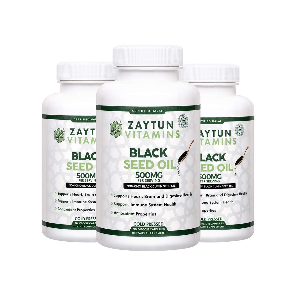 Halal Black Seed Oil (3-Pack) Cold-Pressed Nigella Sativa, stöder hjärta, hjärna, gemensamma, immun hälsa, icke-GMO, tillverkad i USA - Halal Vitaminer