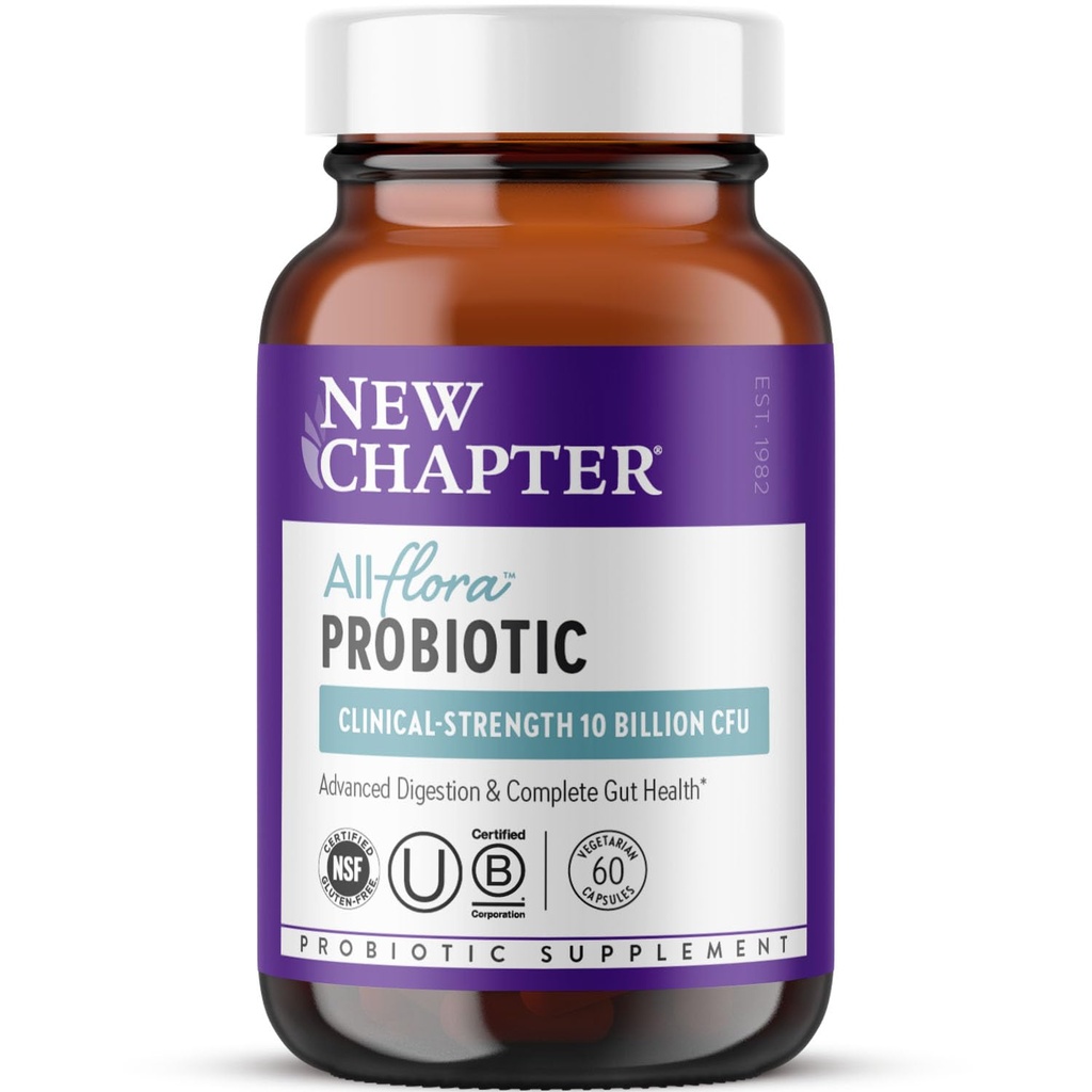 Nytt kapitel Probiotic All-Flora - 60 ct (2 Månadsförsäljning) för Avancerad Digestion & Complete Gut Health med Prebiotika + Postbiotika, kliniskt Studerade Stammar, 100% Vegan, Non-GMO, Shelf Stable