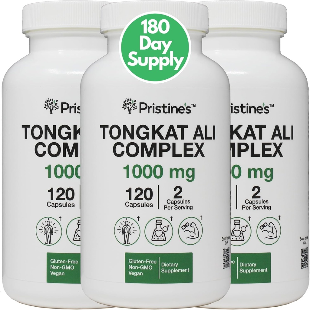 PRISTINE Tongkat Ali 1000MG Extract Capsule Supplement (3-Pack) -30 Day Supply - Athletic Performance Support - Mens Health & Lean Muscle Mass - Immunity Support