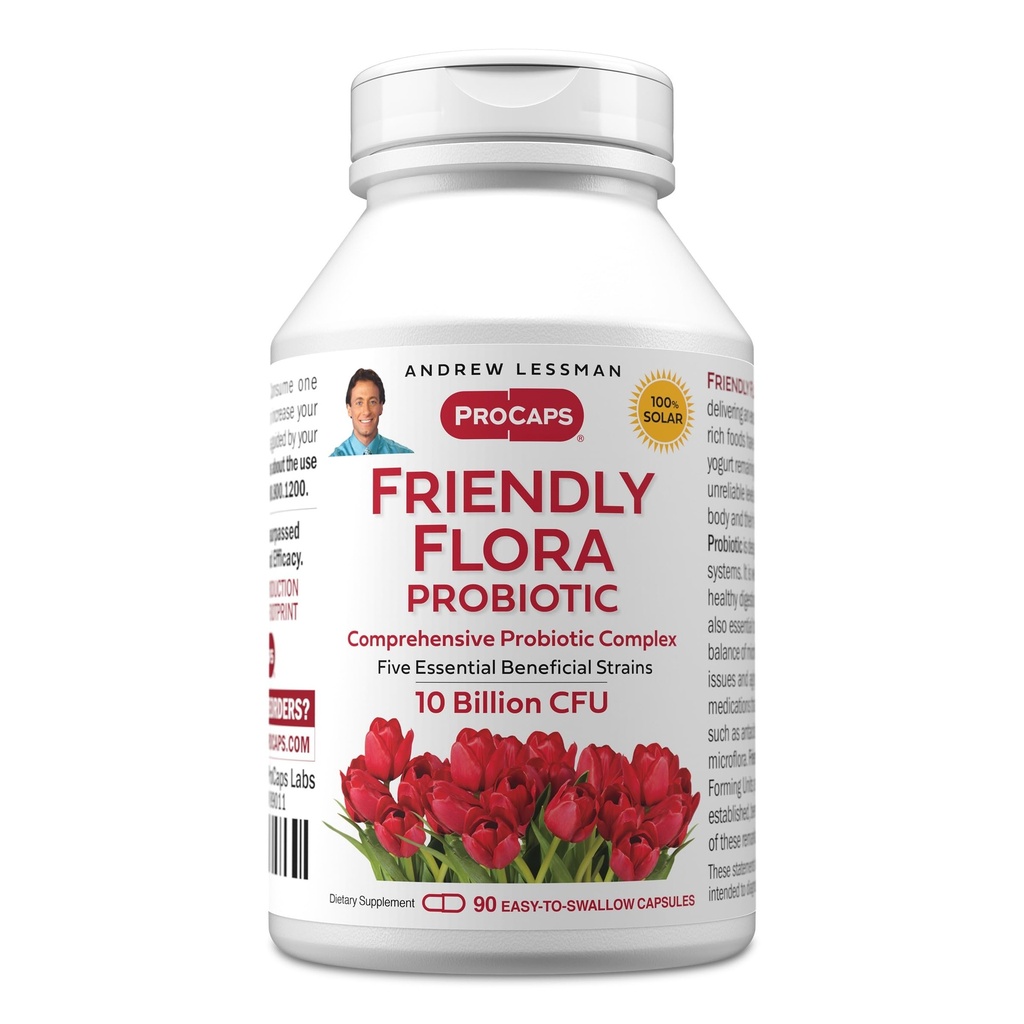 ANDREW LESSMAN Friendly Flora Probiotic 90 Capsules - 10 miljarder CFU, omfattande blandning av fem probiotiska stammar, kraftfull immun och matsmältningsstöd. Probiotika för kvinnor eller män