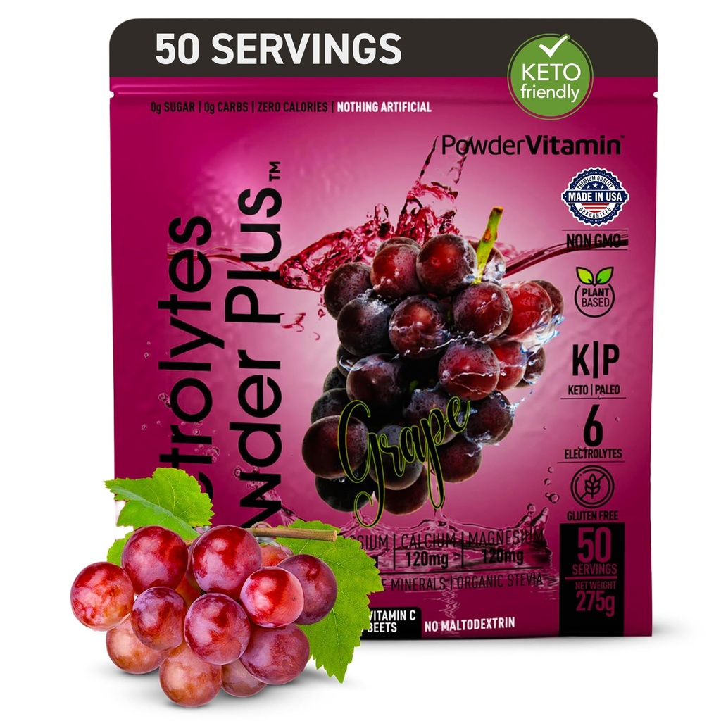 PowderVitamin Elektrolytes Powder Plus (50 tarjoilua) Grape Elektrolyte Powder Zero Calorie Keto, 0 Sokeri, No Maltodekstriini, 1000 mg Kalium,120 mg Kalsium, 120 mg Magnesium, nesteytysjauhe