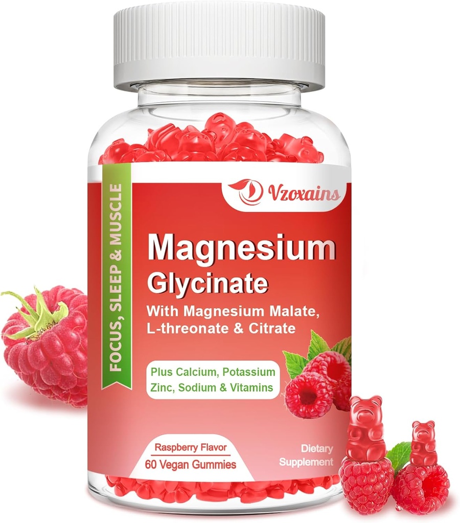 Magnesium Glycinate Gummies 600 mg, magnesium Gummies aikuisille ja lapsille, tuki rentoutumista ja lihaksia, 60 vadelma makuja