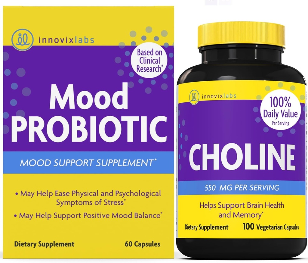 InnovixLabs Choline & Mood Probiotic Bundle Choline Bitartrate 550mg (100 kapslar) Mood Probiotic (60 kapslar). Stöder minne, humör, hjärnhälsa och öka kognitivt. *