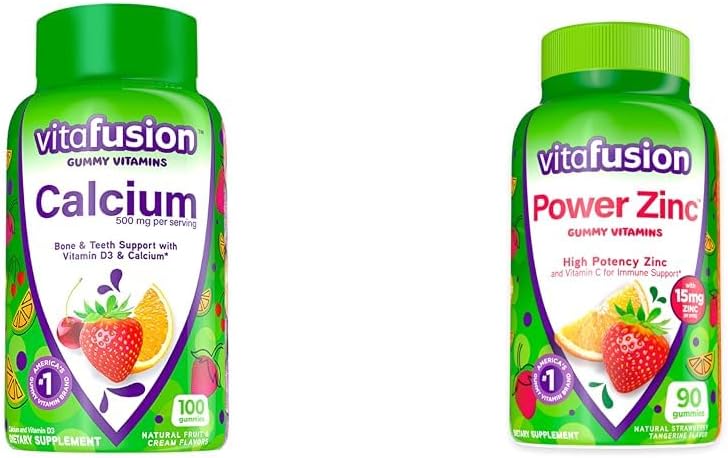 Vitafusion Calcium Gummy Vitaminer för benstöd, 100 greve & Power Zink Gummy Vitaminer för immunstöd, 90 greve