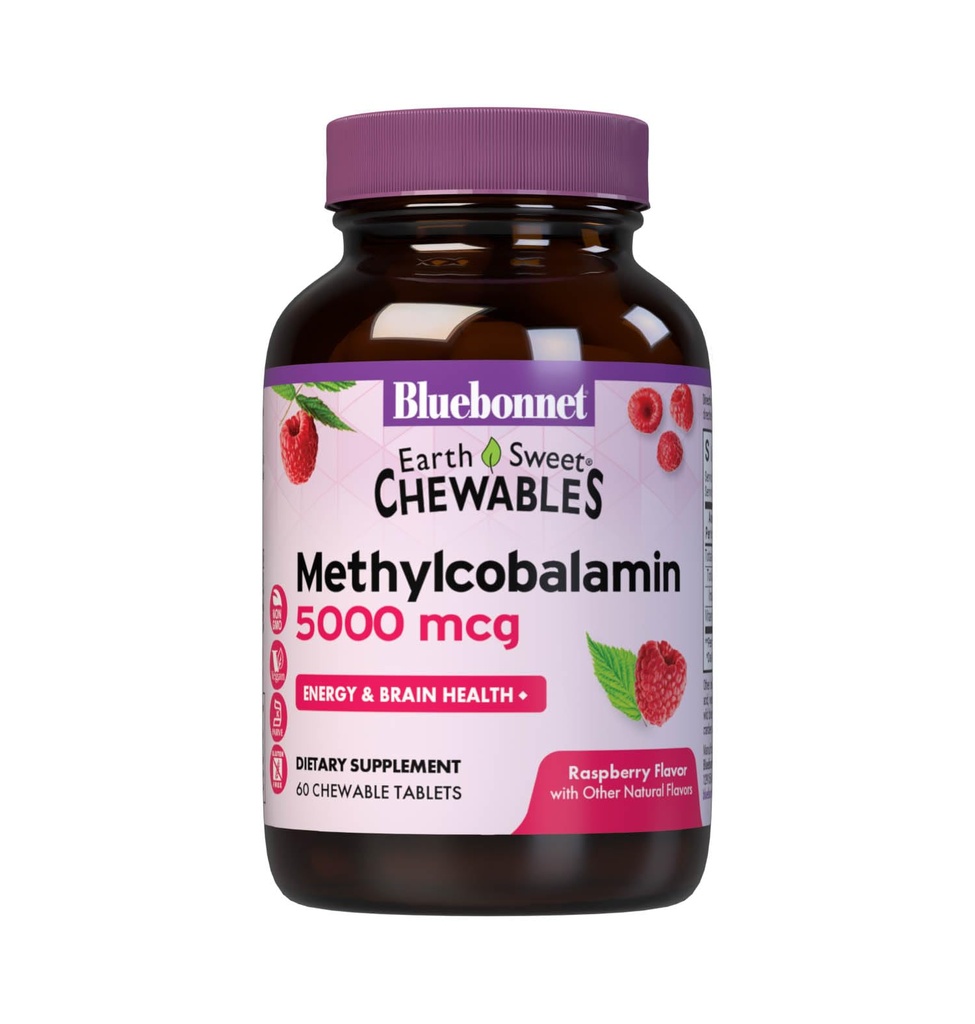 Bluebonnet Nutrition EarthSweet Methylcobalamin 5 000 mcg Active Coenzyme Form of Vitamin B12 stöder energiökning och metabolism - Vegan, Glutenfri - Raspberry Flavor - 60 Chewable tabletter