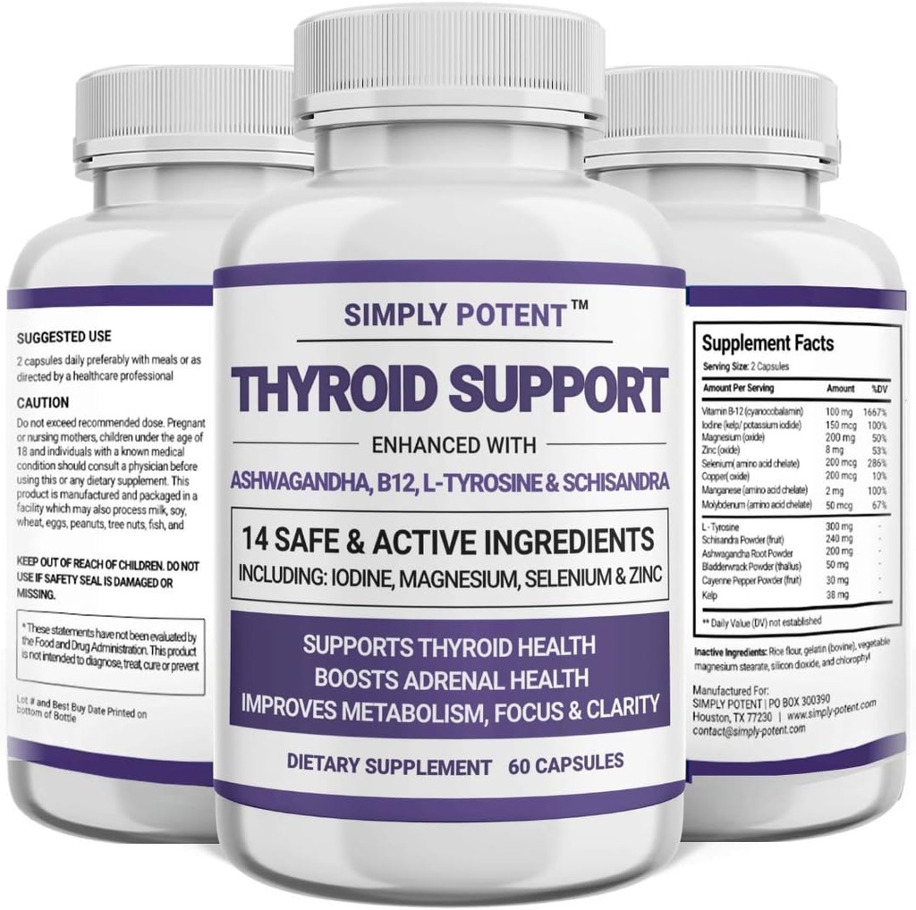 Yksinkertaisesti potentti Kilpirauhasten tuki ja lisätuki täydentää 2-in-1 Natural Formula Jodi & Ashwagandha energia, aineenvaihdunta, Focus naisille & miehet, 60 Caps