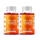 Vitamatic Vitamin D3 & K2 Gummies (2-Pack, 60 Count) stöder hälsosamma ben, hjärthälsa, kalciumabsorption och immunfunktionsplantbaserad, icke-GMO, glutenfri