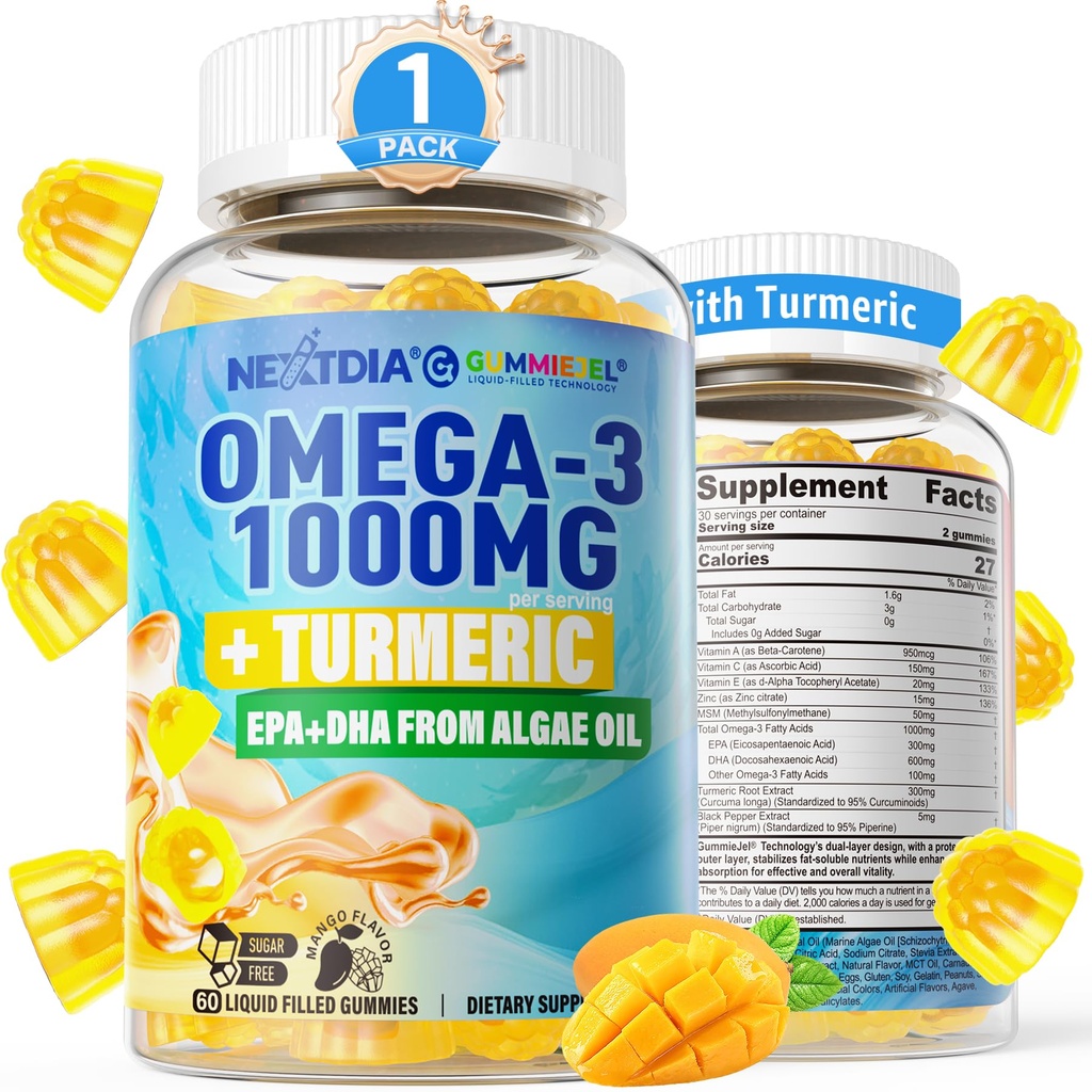 Vegan Omega-3 Gummies 1000mg + gurkmeja - Omega 3 fiskolja alternativ för vuxna - Alger DHA 600mg & EPA 300mg, vitamin A, C, E, Zink & MSM, Sugar Free, 60 Cts