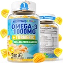 Vegan Omega-3 Gummies 1000mg + Turmeric - Omega 3 Fish Oil Vaihtoehtoinen aikuisille - Algae DHA 600mg & EPA 300mg, Vitamiinit A, C, E, Sinkki & MSM, Sokeriton, 60 Cts