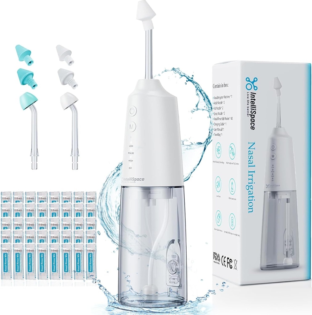 Nenän kastelujärjestelmä Kannettava johdoton nenän huuhtelu Machine for Sinus Allergia Relief Nasal Care - Electric Neti Pot for Nasal Irrigation - Sinus Rinse Kit 6 Nozzles 40 Salt Packs