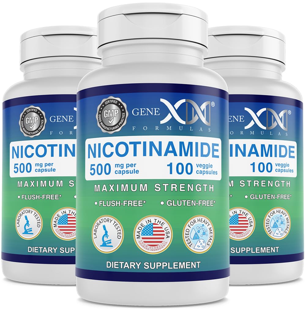 Genex Formulas Nicotinamide 500mg (3-Pack) Vitamin B3 Flush Free Niacin Capsules for Healthy Skin - Niacinamide Supplement Pills hjälper till att producera Keratin & Support Skin Cell Health & Energy (300 kapslar)