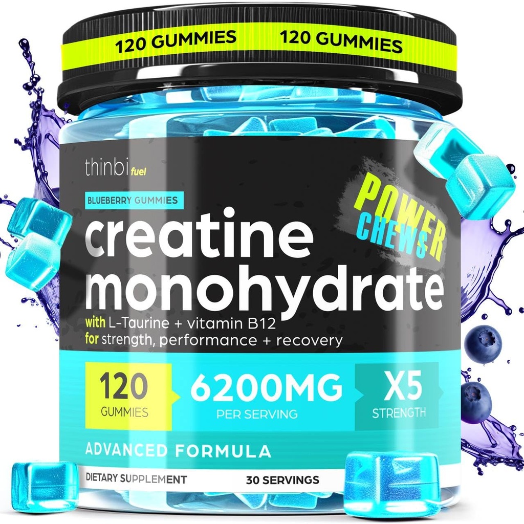 Kreatinmonohydrat Gummies Komplex 6200mg för Män & Kvinnor - 120 Gummies Avancerad Formel W / L-Taurin + Vitamin B12 för muskelstyrka, muskelbyggare, energiboost, Pre-Workout Supplement - Thinbi