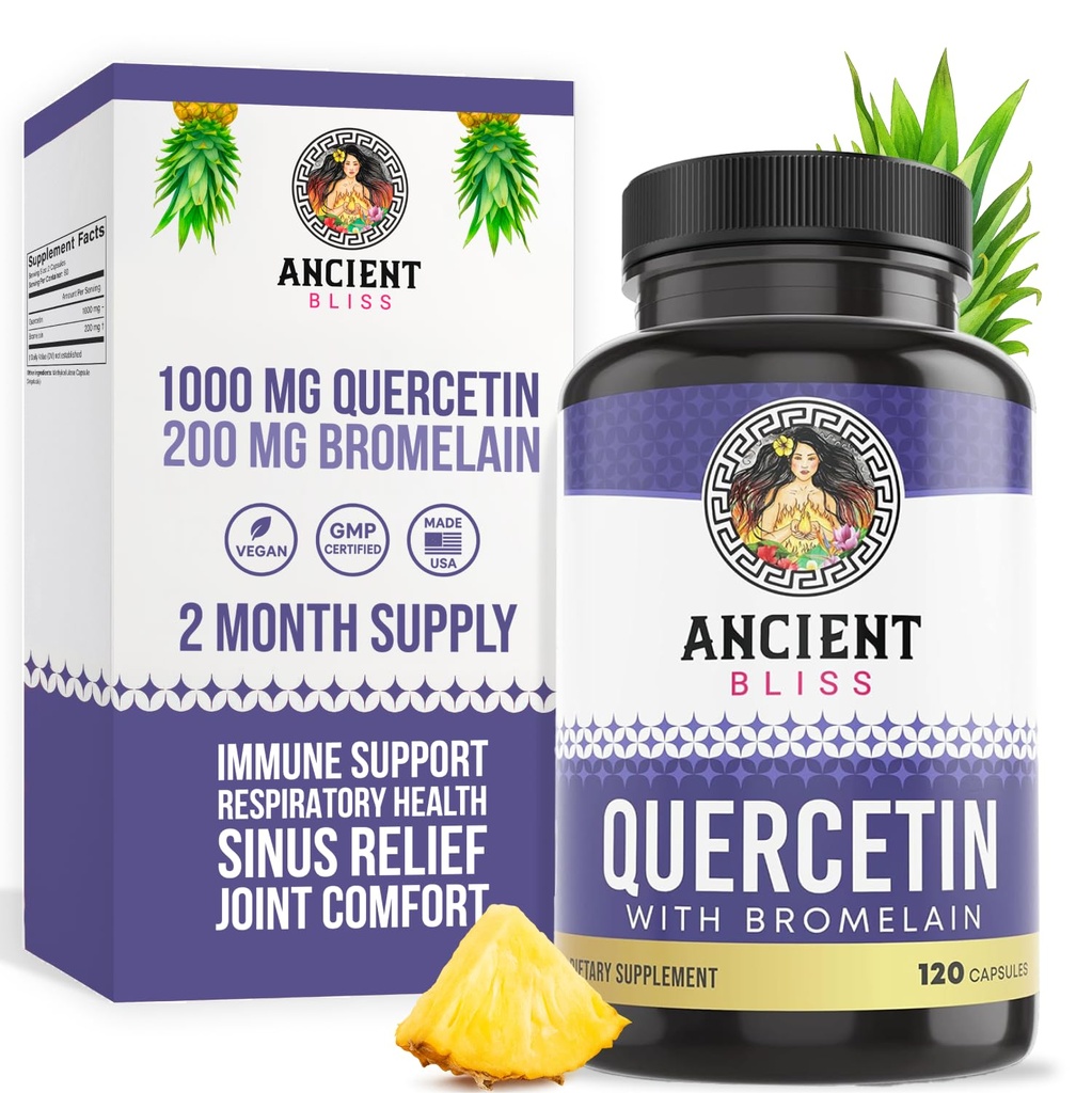 Ancient Bliss Quercetin with bromelain ... Quercetin 1000 mg bromelain 200 mg per tarjoilu ... tukee immuunijärjestelmää, yhteistä terveyttä, hengityselinten terveyttä ja yleistä hyvinvointia 120 kapselia