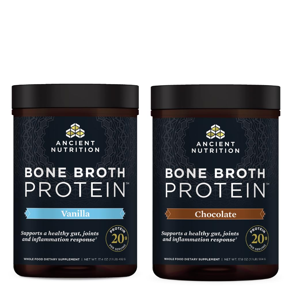 Ancient Nutrition Bone Broth Protein Powder, Vanilla, 20 tarjoilua + Bone Broth Protein Powder, Chocolate, 20 tarjoilua
