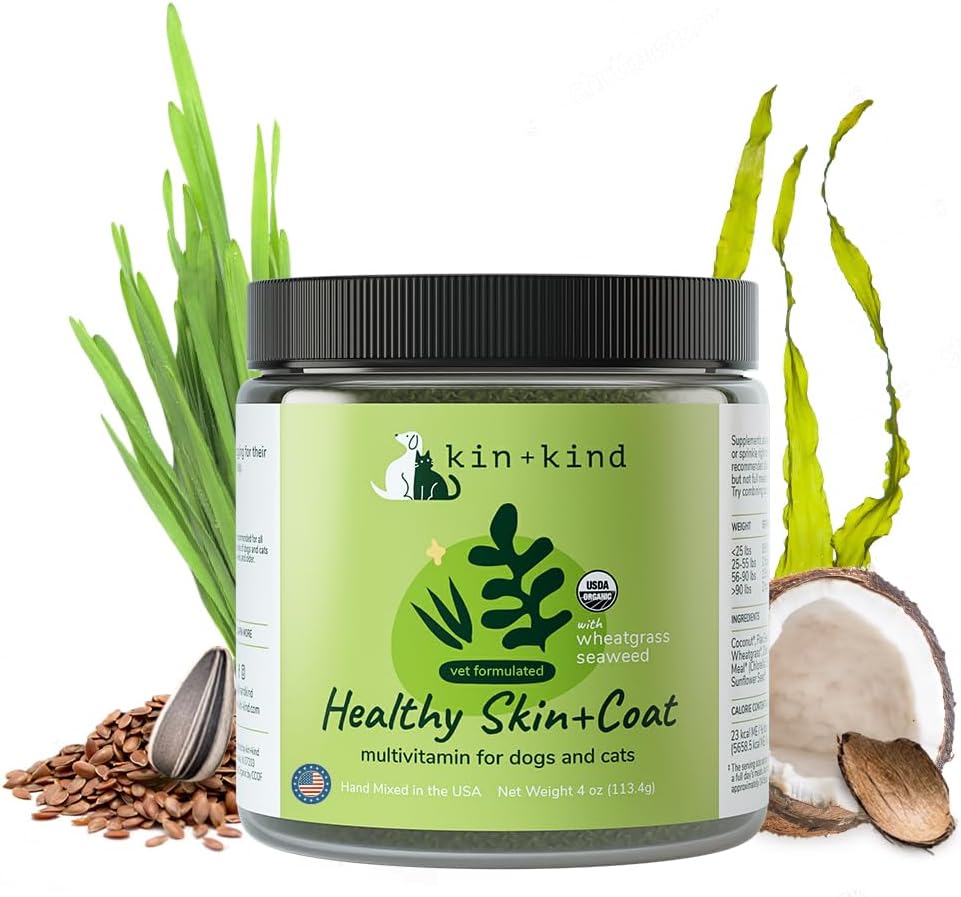 kin+kind Organic Multivitamin för hundar och katter - Pet Supplement for Healthy Skin and Coat - Safe, Natural Formel med Wheatgrass, Kelp, Seaweed och Coconut - Made in USA - 4 oz (Medium)