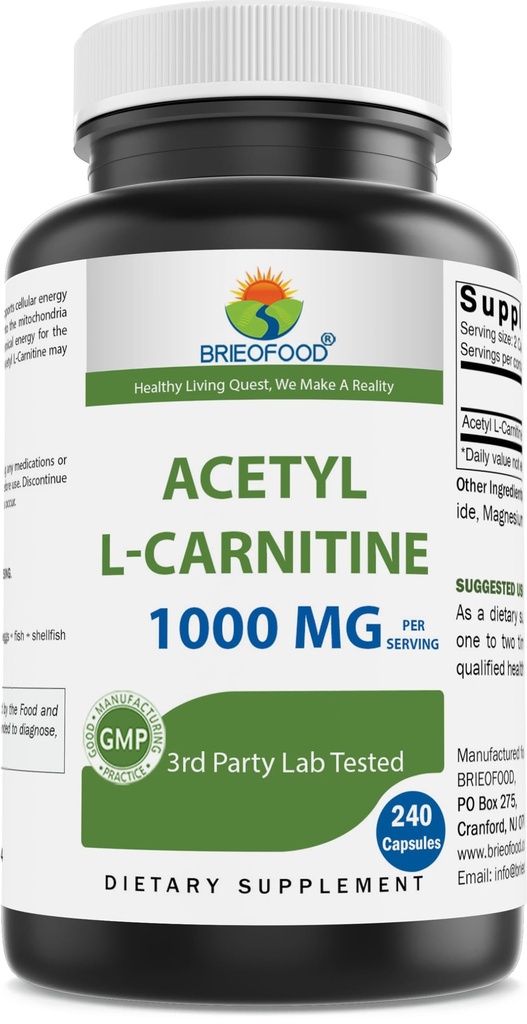 Brieofood Acetyl L-Carnitine 1000 mg per tarjoilu - 240 kapselia. Gluteeniton, ei GMO:ita.