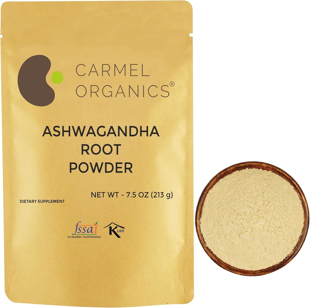 CARMEL ORGAANISETCS Ashwagandha juurijauhe 7,5 Ounce, muu kuin GMO & Gluteeniton, luonnollinen, Withania Somnifera, ei lisättyjä säilöntäaineita, suoraan peräisin Intian maanviljelijöiltä