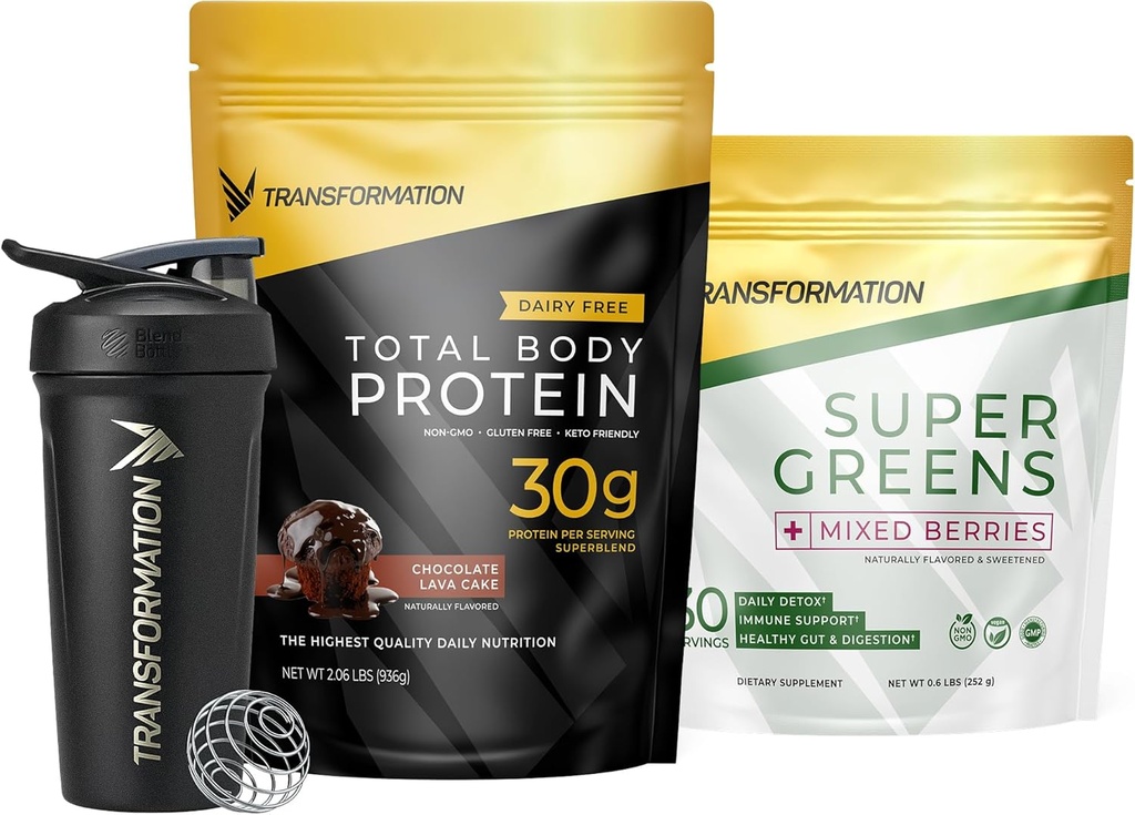 Transformation Chocolate Protein Powder, Super Greens Superfood Green Juice Powder och Performance isolerad Shaker Bottle