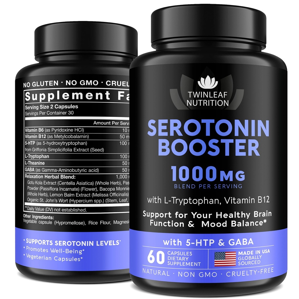 Luonnollinen serotoniini täydentää - Valmistettu USA 5HTP serotoniini & Cortisol Manager - serotoniinin Booster vitamiini täydentää naisille 5-HTP, B6-vitamiini, B12, GABA, L Theanine, L Tryptofaani - 60 kapselia