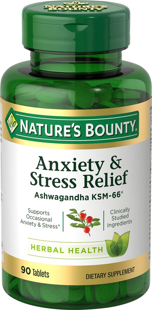 Nature's Bounty Stress Relief, Ashwagandha KSM-66, tukee satunnaista stressiä, ravintolisä, 2 tablettia päivässä, kasvissyöjätabletteja, Gluteeniton, 90 Ct