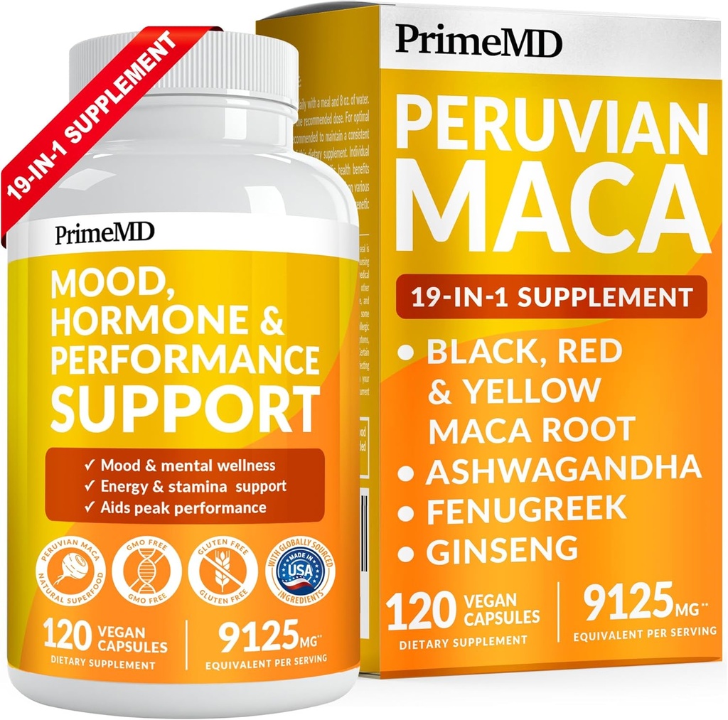 PrimeMD 19-in-1 Perulainen Maca juurikapselit - 9125 mg Ashwagandha lisäravinteet Maca Sarviapila ja Ginseng mieliala, Hormoni & suorituskyky tuki (120 kapselia)
