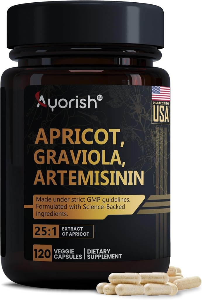 Aprikoosiuute 1000 mg, jossa on Soursop Graviola & Artemisin Extract -kapseli (120 kreivi), ei GMO:ita