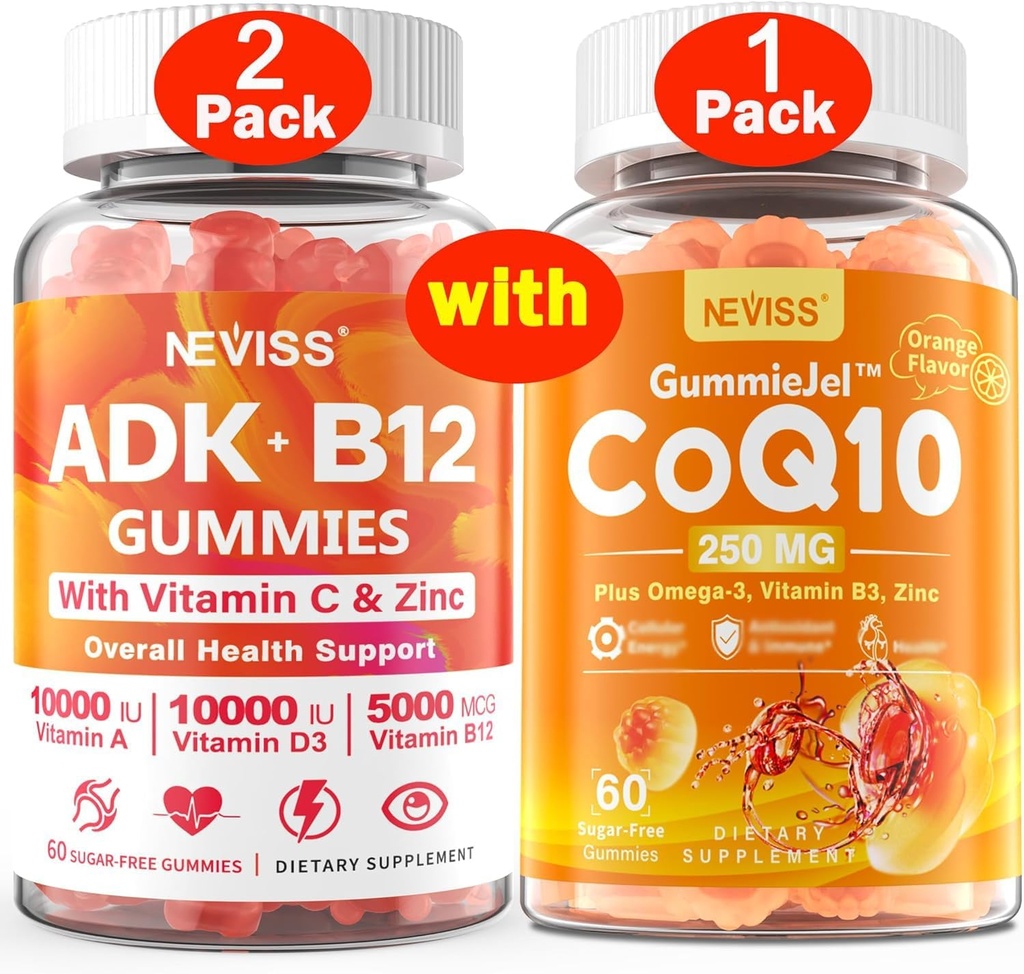 NEVISS 2Pack-vitamiini ADK kanssa B12 Gummie + 1Pack CoQ10-250 mg täytetyt Gummie